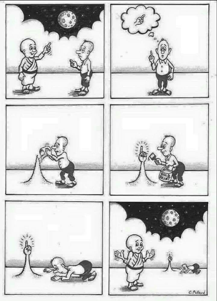 Comic illustration of the finger pointing at the moon